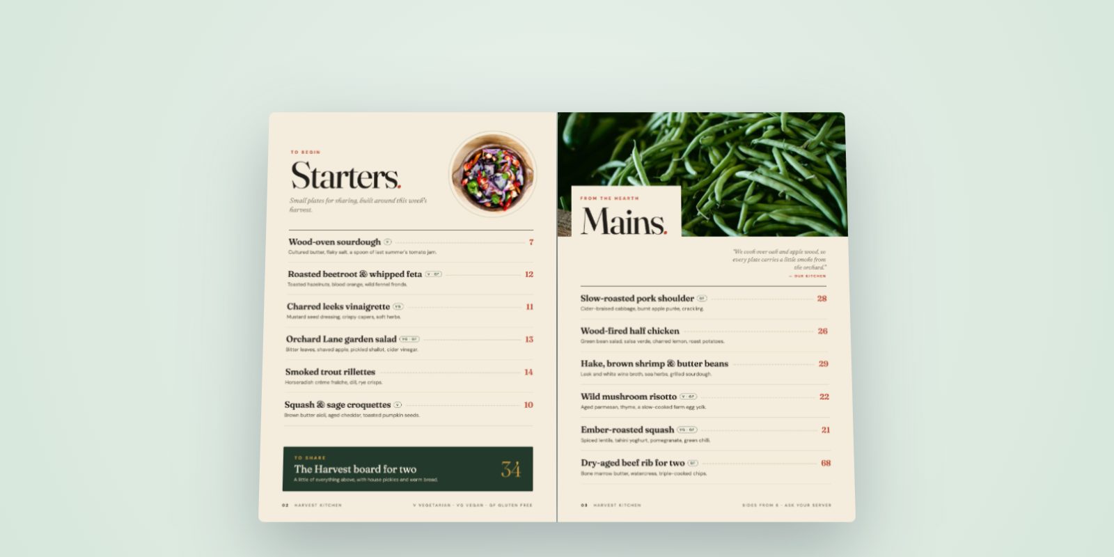 The starters and mains pages of the Harvest Kitchen menu as a flipbook spread