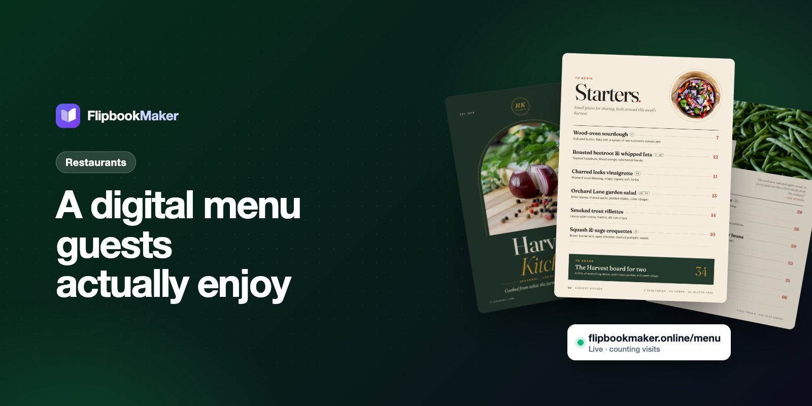 A restaurant menu shown as a digital flipbook with a live link